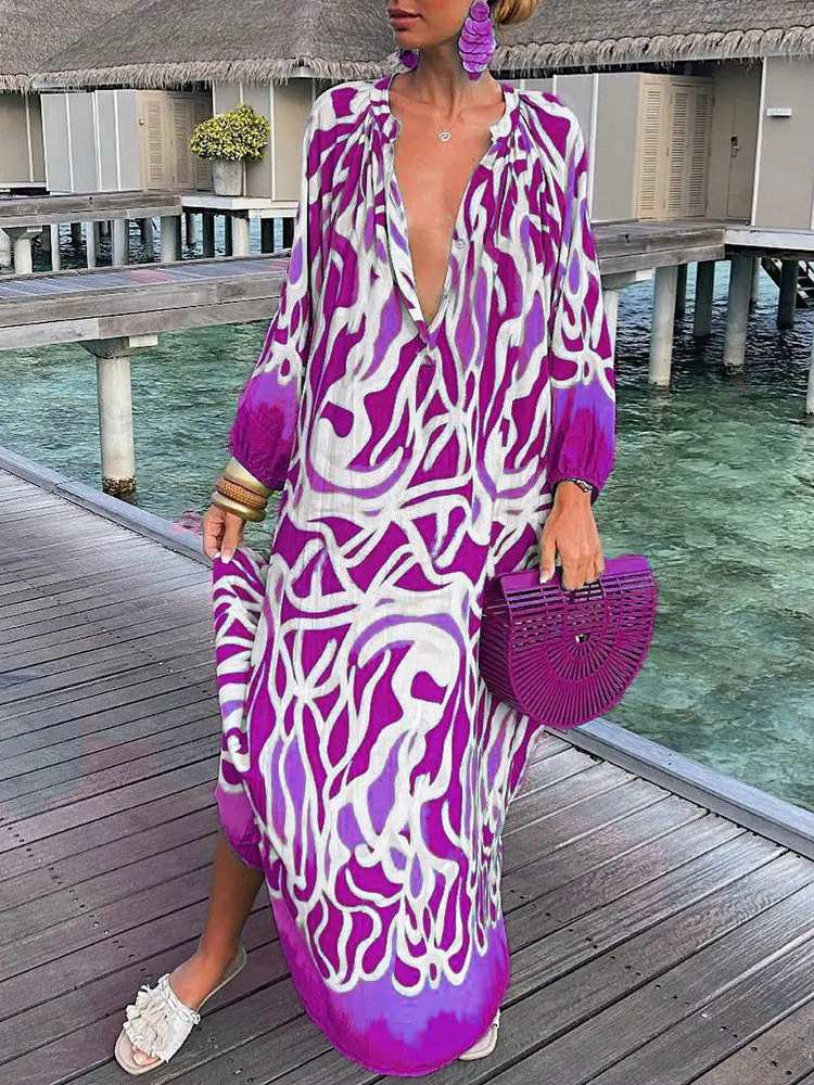 Casual Dresses Women Vintage Maxi Summer Sexy Deep V-Neck Long Sleeve Boho Print Female Beach Cover Up Elegant Robe 230217