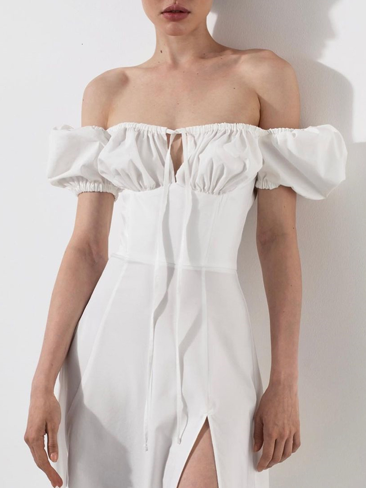 Casual Dresses Asia Puff Sleeve White Off Shoulder Cut out Tie up Side Split Ruched Long robe femme Summer for Women 230217