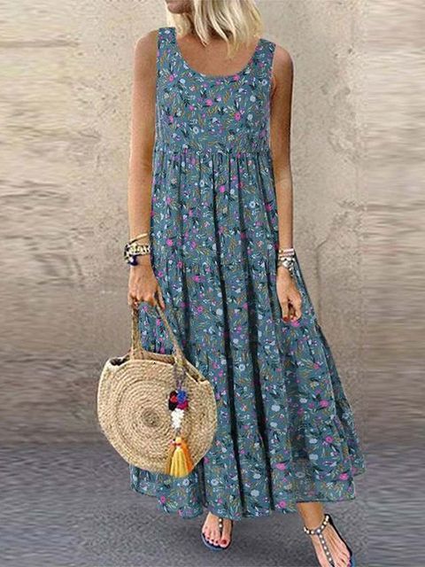 Casual Dresses Floral Print Bohemian Summer Sleeveless O-Neck Cotton Linen Women Boho Holiday Beach S-5XL 230217