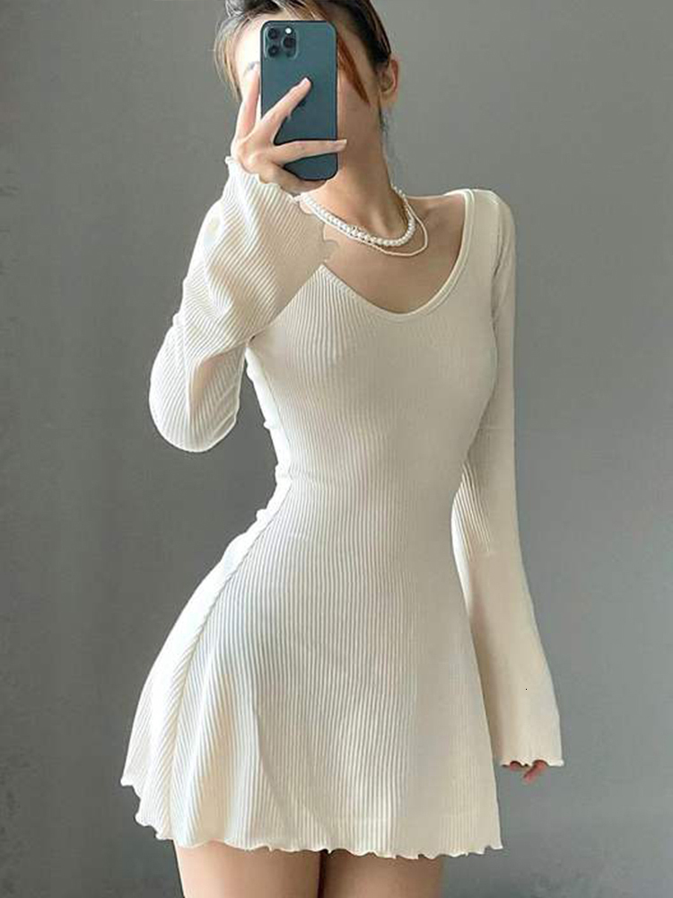Casual Dresses Weekeep Autumn Party Dress Solid Elegant Flared Full Sleeve Slim Knitted Mini A-line Women Clothing Korean Fashion Lady 230217
