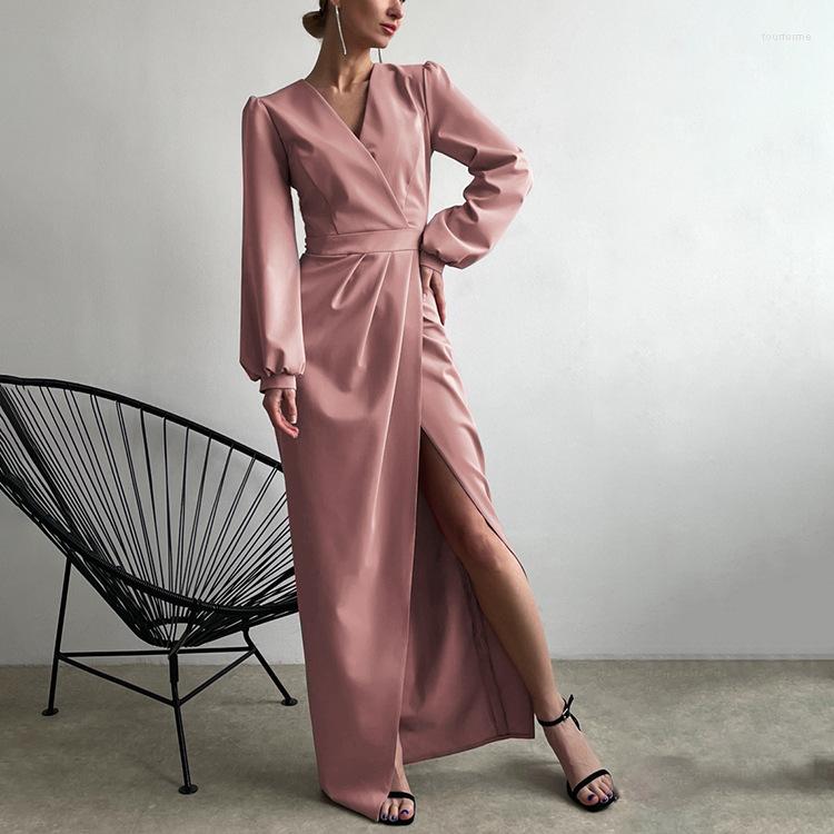 

Casual Dresses Women Dress Pink Commuter Straight Style Elegant Long V-Neck Sleeve Fashion Slit Wrapped Spring And Autumn