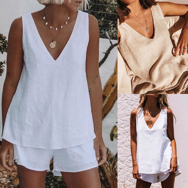 Women' Tracksuits Cotton Linen Short Sets Two Pieces Sale Sexy V Neck Sleeveless Loose T-shirt Wide Leg Suits WDC8020, White
Women' Tracksuits Cotton Linen Short Sets Two Pieces Sale Sexy V Neck Sleeveless Loose T-shirt Wide Leg Suits WDC8020, White