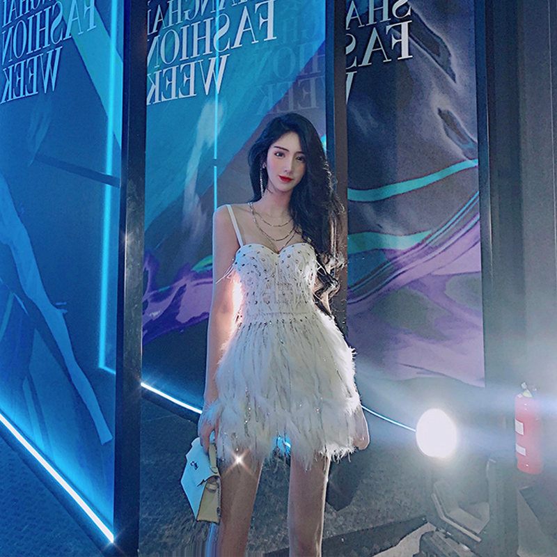 Womens spaghetti strap beading rhinestone ostrich fur patched sexy bustier short tanks camis SML