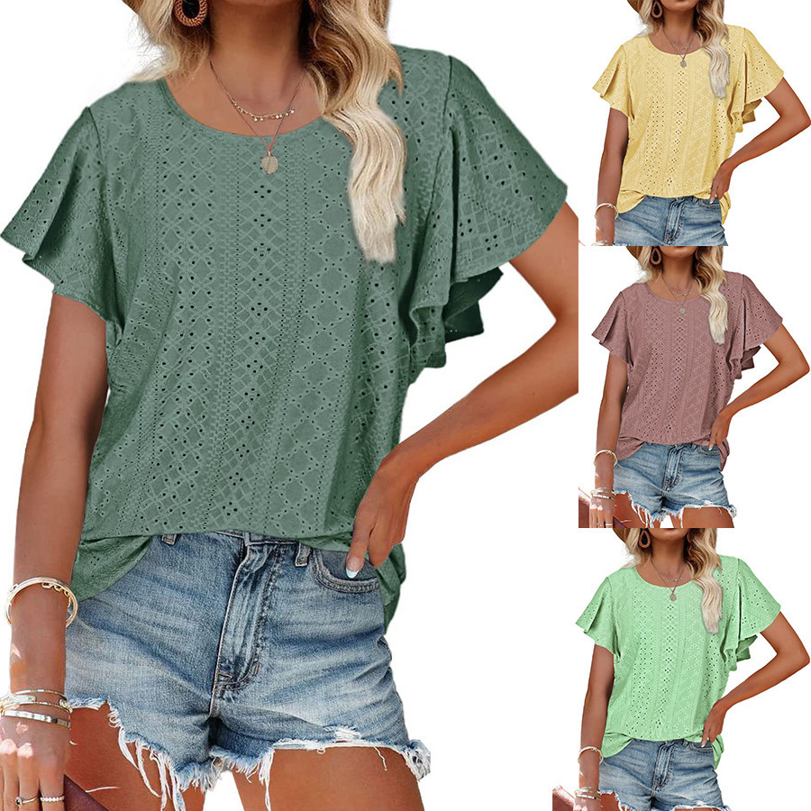 Summer 2023 new cross-border European and American women' top women' top openwork tunic ruffled sleeves casual T-shirt, Purple
Summer 2023 new cross-border European and American women' top women' top openwork tunic ruffled sleeves casual T-shirt, Purple