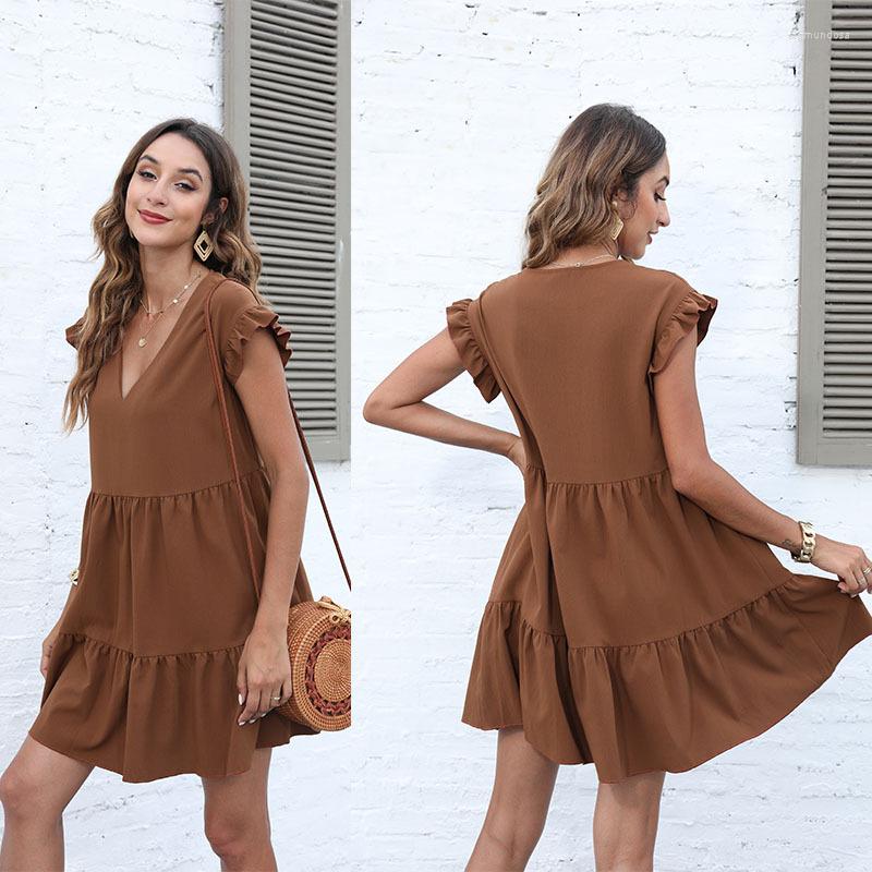Casual Dresses Women' Dress Summer Fashion Solid Color Ruffles Stitching Short Sleeve V-neck Loose Pleated, Dark brown 
Casual Dresses Women' Dress Summer Fashion Solid Color Ruffles Stitching Short Sleeve V-neck Loose Pleated, Dark brown