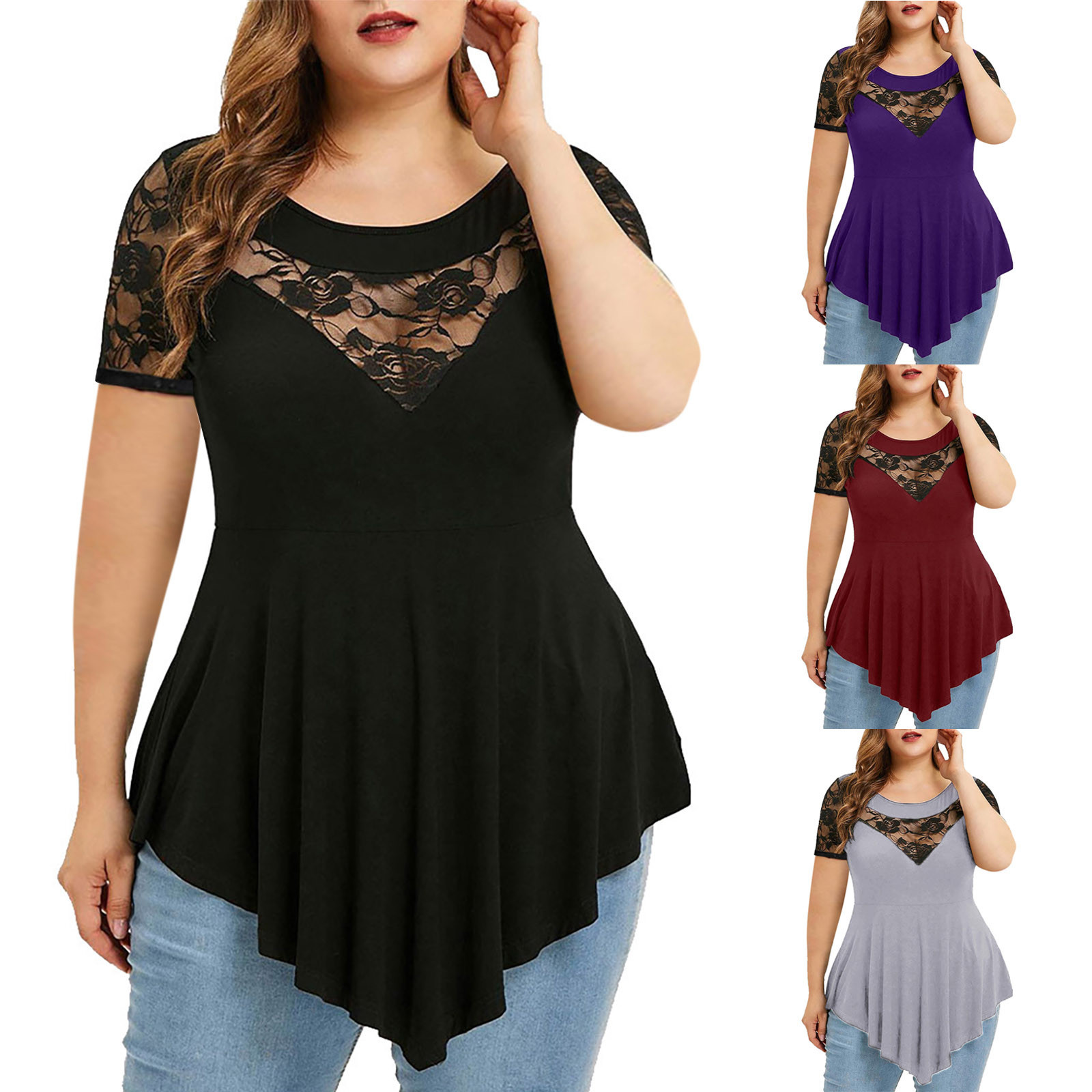 Cross-border foreign trade new women's dress large flower lace short sleeve irregular hem perspective round neck women's top, Blue
Cross-border foreign trade new women's dress large flower lace short sleeve irregular hem perspective round neck women's top, Blue