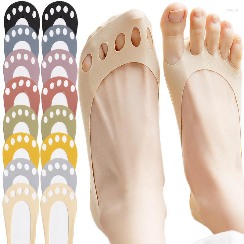 

Women Socks Invisible Boat Summer Silicone Non-slip Slipper Sock High Heel Shoe Ice Silk Open Five-toed Half-Palm Suspender, B-skin-1pair