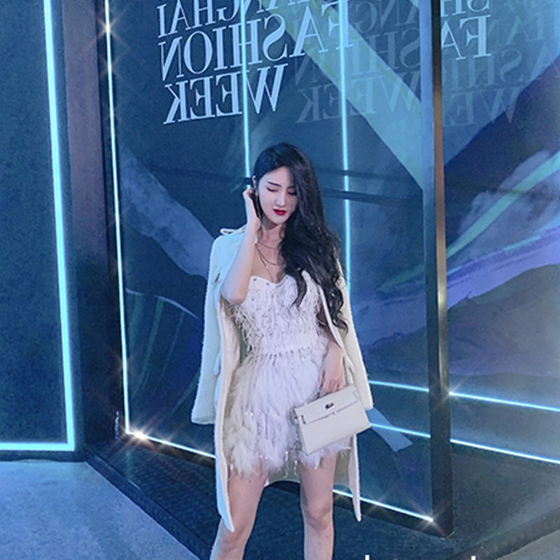 Womens spaghetti strap beading rhinestone ostrich fur patched sexy bustier short tanks camis SML