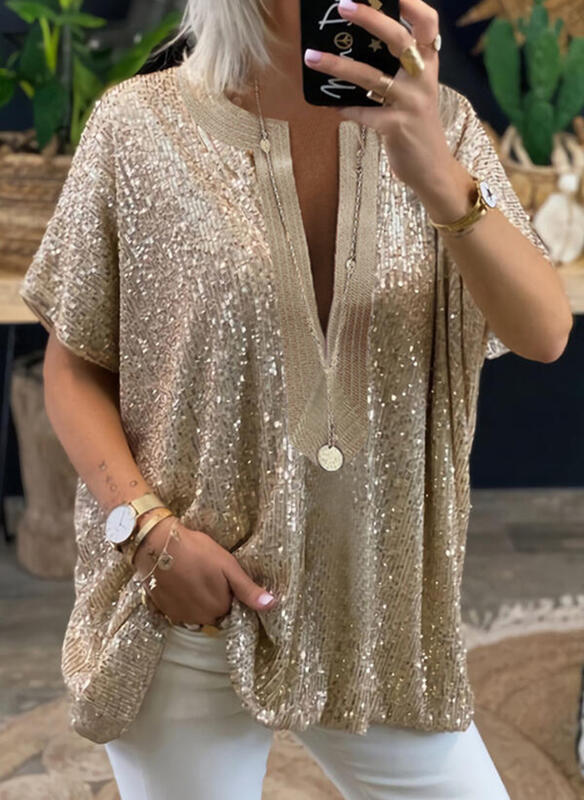 New cross-border fashion trend women' top pullover deep V-neck sequin paneled top, Clear
New cross-border fashion trend women' top pullover deep V-neck sequin paneled top, Clear