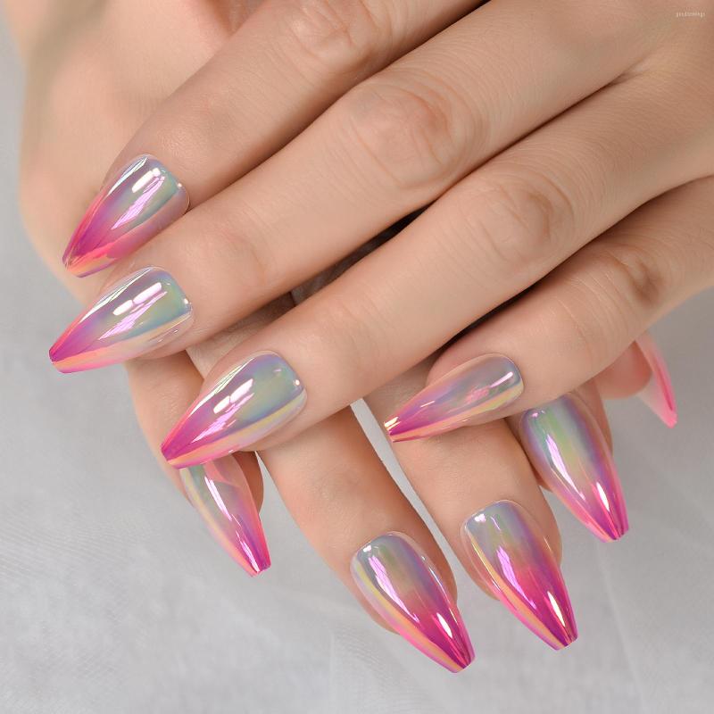 False Nails Medium Coffin Pink Gray Chrome Nail Purple Top Cellophane Holographic Gradient Press On Tip Full Cover Fingernails With Tab, L6305
False Nails Medium Coffin Pink Gray Chrome Nail Purple Top Cellophane Holographic Gradient Press On Tip Full Cover Fingernails With Tab, L6305