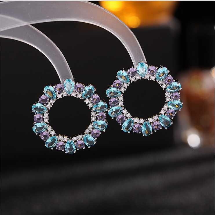 Hoop Earrings & Huggie Summer 2023 Transparent Blue Zircon Hollow Round Retro Circle