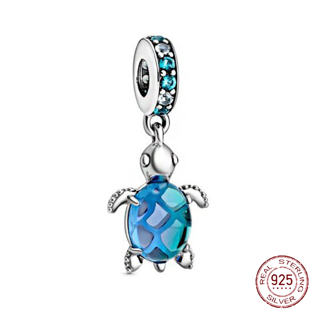 Real 925 Sterling Silver Ocean Blue Sea Turtle Dangle Bead Fit Original Charm Bracelet DIY Women Jewelry Summer Collection