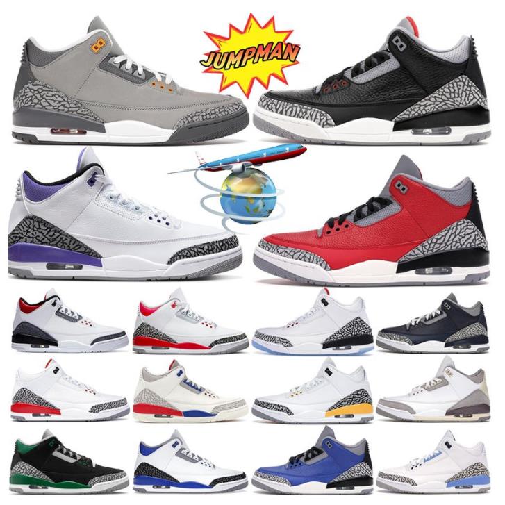 Jumpman 3s Basketball Shoes Mens Trainers Outdoor Sports Sneakers 3 Fire Red Pine Green Racer Blue Cool Grey UNC Court Purple Laser Orange Cardinal Hall Of Fame 36-47
