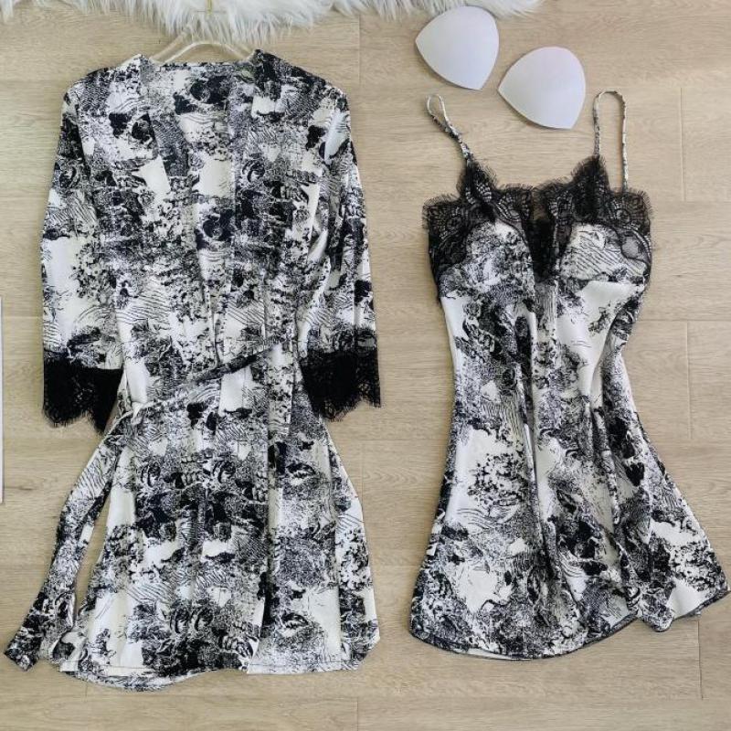 Women's Sleepwear Satin Nighty&Robe Set Women Printed 2PCS Sleewpear Sexy V-neck Sleep Casual Kimono Gown Femme Robe Suit Home Wear, Black
Women's Sleepwear Satin Nighty&Robe Set Women Printed 2PCS Sleewpear Sexy V-neck Sleep Casual Kimono Gown Femme Robe Suit Home Wear, Black