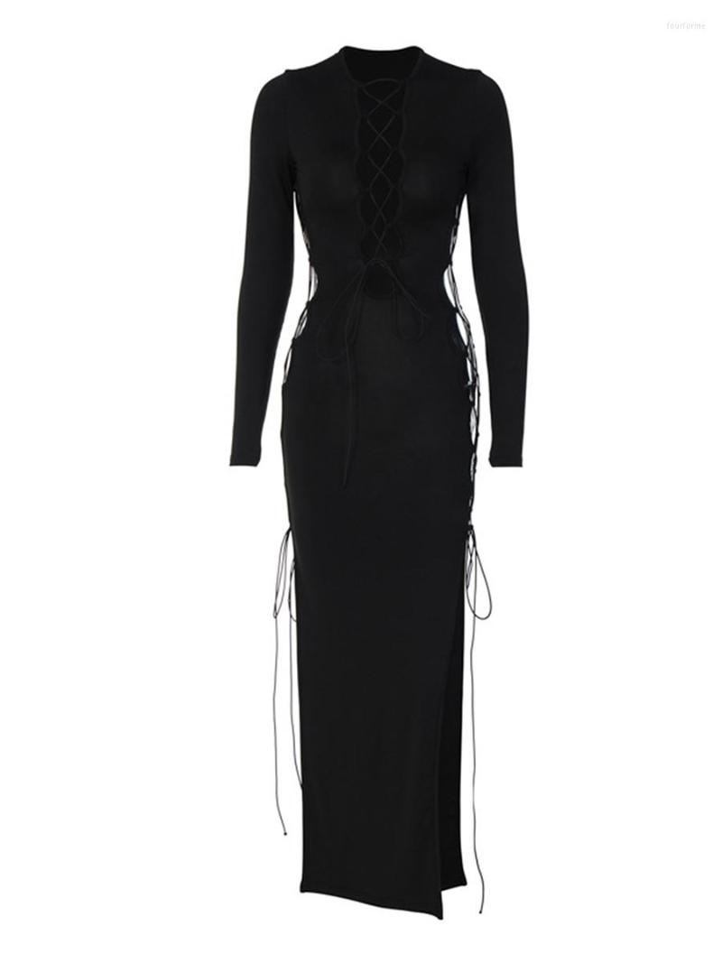 Casual Dresses Women Sexy Cutout Long Dress Solid Color Round Neck Sleeve Cross Tie-Up High Split Party, Black
Casual Dresses Women Sexy Cutout Long Dress Solid Color Round Neck Sleeve Cross Tie-Up High Split Party, Black