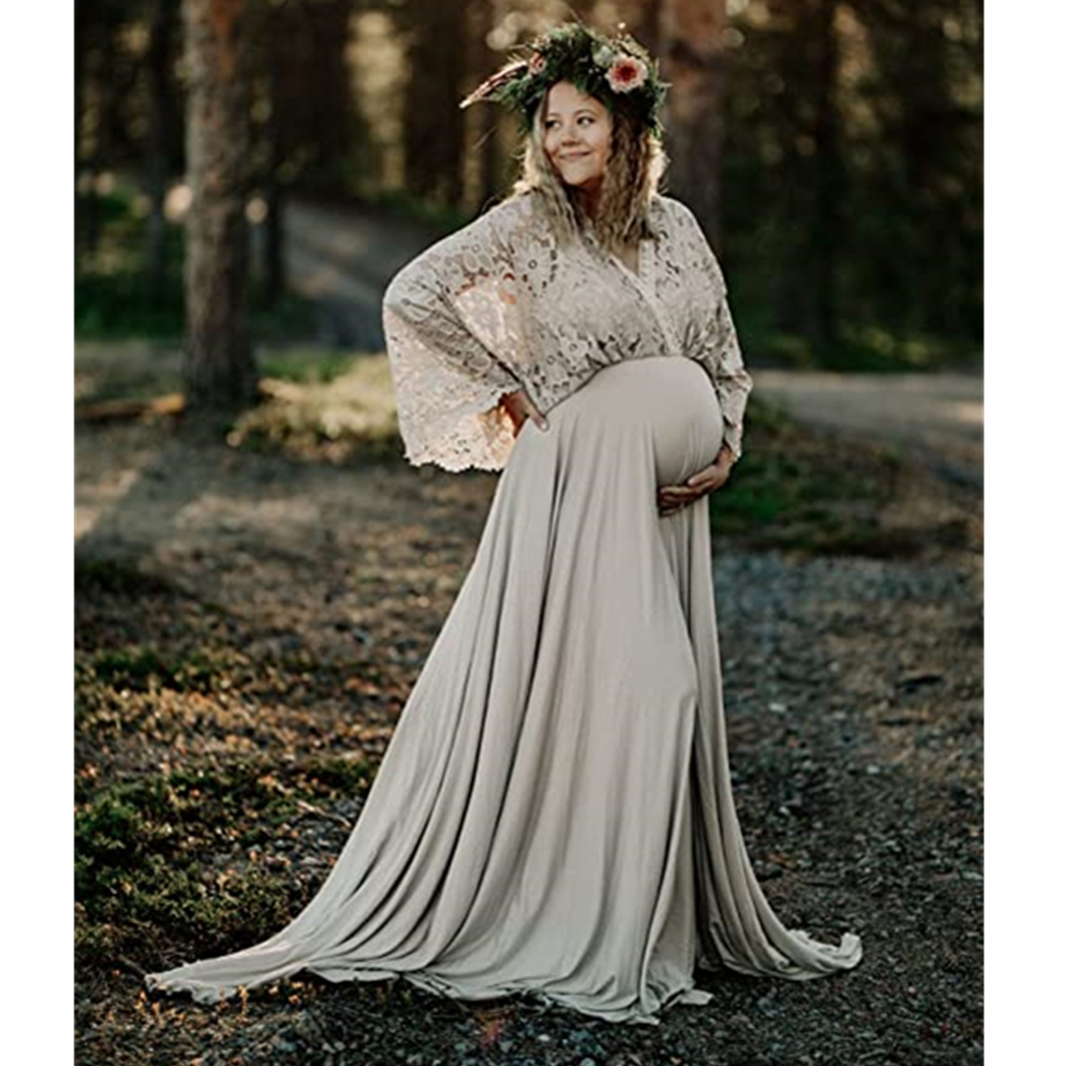 Elegant Lace And Chiffon Maternity Wedding Sexy V Neck Maxi Gown Long Sleeve Pregnancy Dress for Photo Shoot, Ivory
Elegant Lace And Chiffon Maternity Wedding Sexy V Neck Maxi Gown Long Sleeve Pregnancy Dress for Photo Shoot, Ivory