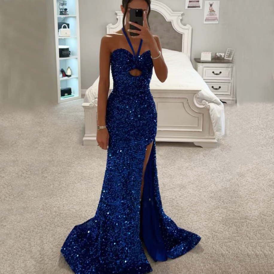 Halter Evening Dresses Mermaid Long Backless Sequins Robe de soire Prom Party Gowns With Slit, Light sky blue
Halter Evening Dresses Mermaid Long Backless Sequins Robe de soire Prom Party Gowns With Slit, Light sky blue
