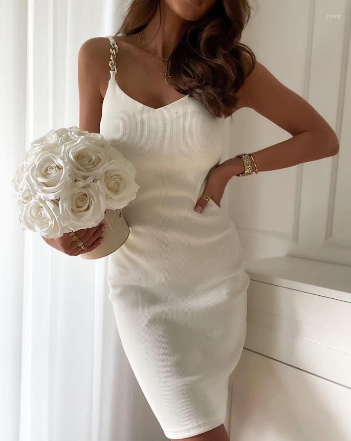 Casual Dresses Elegant Womens Fashion Chain Strap V-Neck Sleeveless Summer Plain Sexy Mini Skinny Party Dress