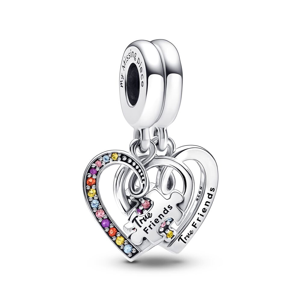 Real 925 Sterling Silver Family Heart Puzzle Piece Hearts Splittable Friendship Dangle Charm Linked Hearts Safety Chain