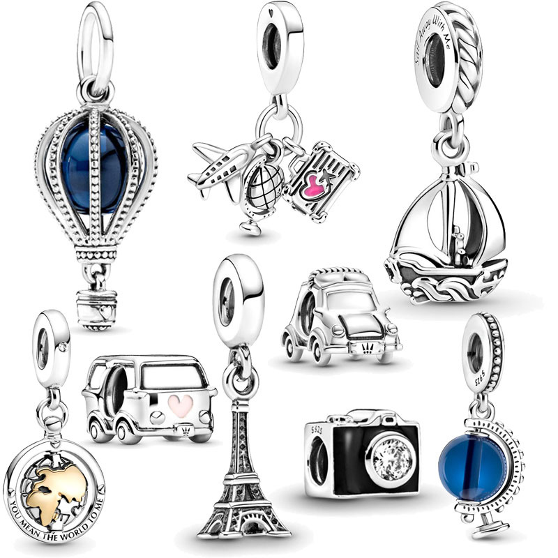 Real 925 Sterling Silver Car Hot Air Balloon Sailing Globe Airplane DIY Pendant Charm Fit Original Bracelet Charm
