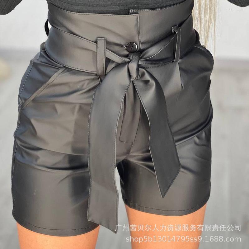 Women' Shorts Women Black Pockets Sashes PU Leather High Waist With Belt Pants Sexy