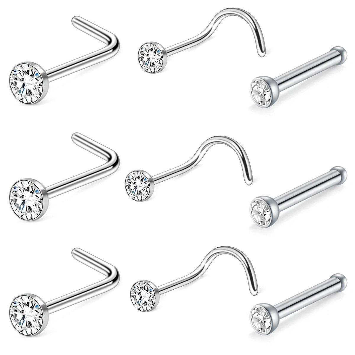 Nose Rings & Studs with Piercing for Women Girl Stainless Steel Round Diamond Crystal Stone Fashion Jewelry Wholesale Silver Color