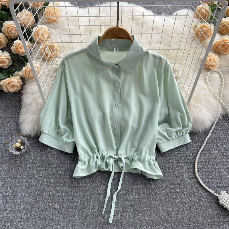 Women's Blouses Summer Design Sense Of Solid Color Simple Lapel Niche Drawstring Short-sleeved Tops, Green
Women's Blouses Summer Design Sense Of Solid Color Simple Lapel Niche Drawstring Short-sleeved Tops, Green