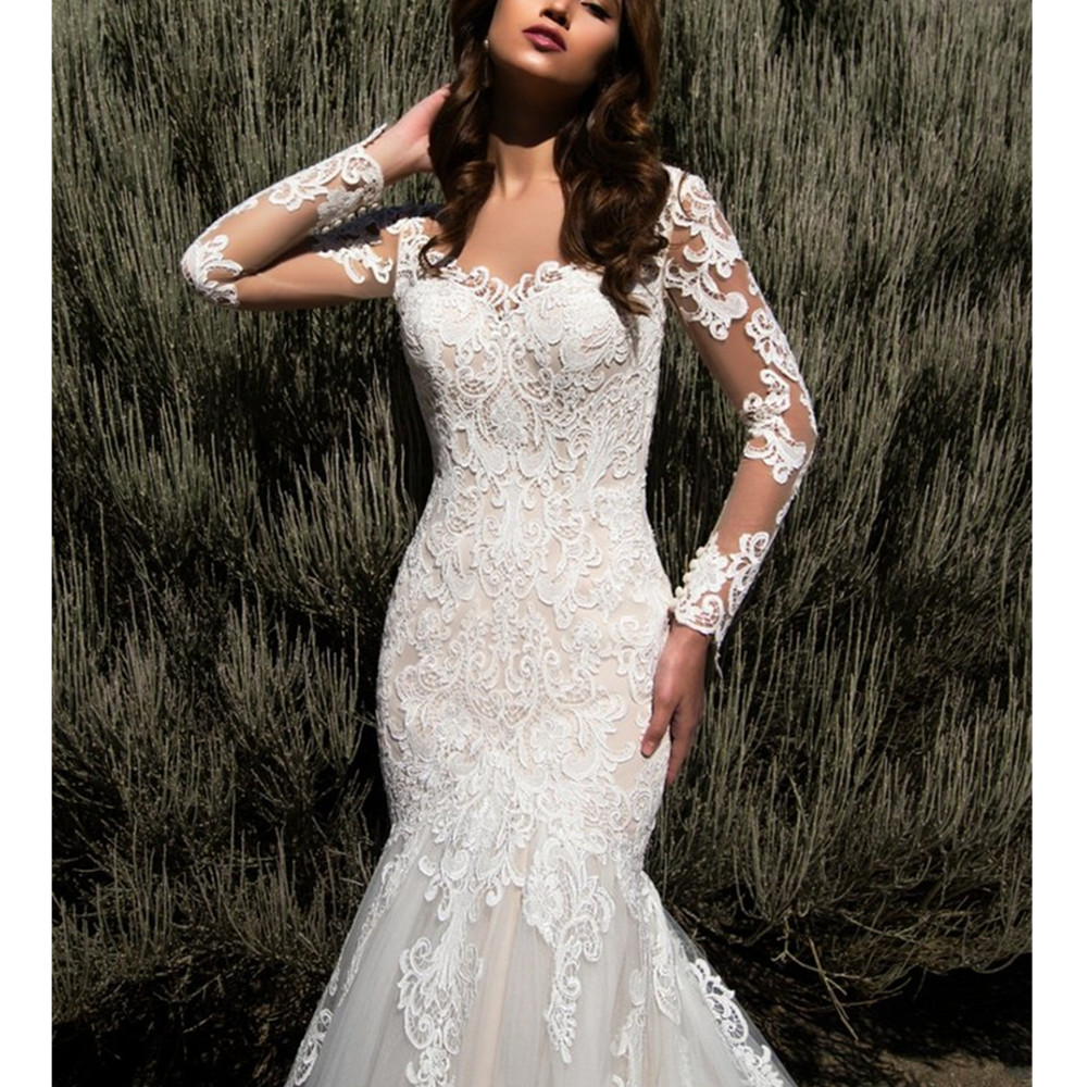 2023 Mermaid Wedding Dresses with Long Sleeves Lace Applique Tulle Wedding Gowns See Through Buttons Back Bridal Dresses China, Champagne
2023 Mermaid Wedding Dresses with Long Sleeves Lace Applique Tulle Wedding Gowns See Through Buttons Back Bridal Dresses China, Champagne