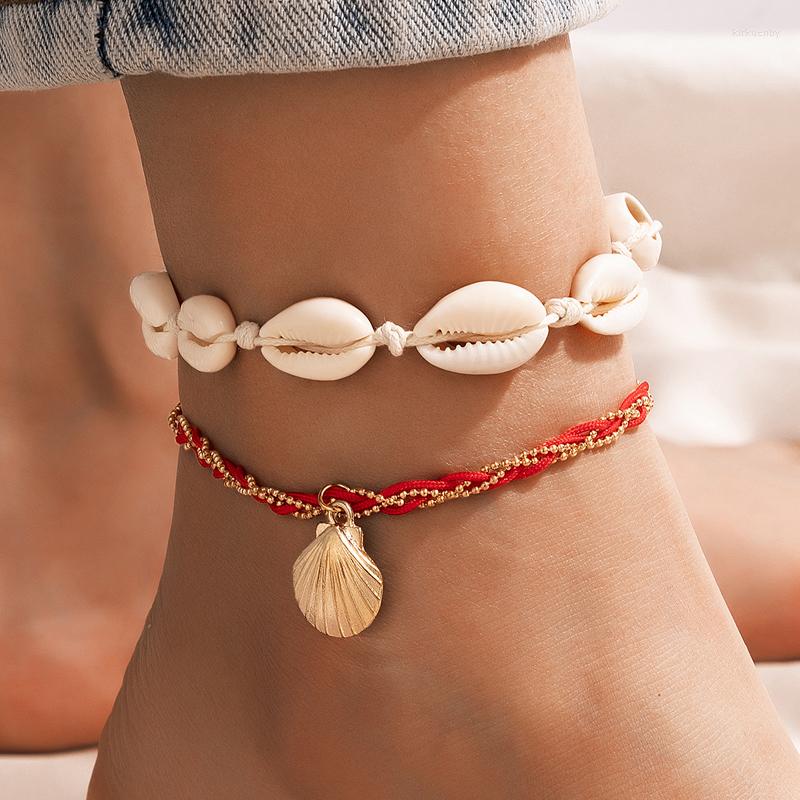 Anklets HuaTang Bohemia Handmade Shell Rope Anklet Set For Women 2023 Style Adjustable Foot Chains Ladies Summer Ocean Jewelry 7022