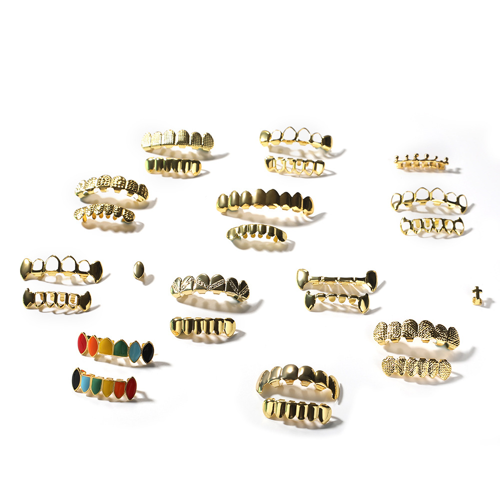 Mens Gold Grillz Teeth Set Fashion Hip Hop Jewelry High Quality Eight 8 Top Tooth & Six 6 Bottom Grills
