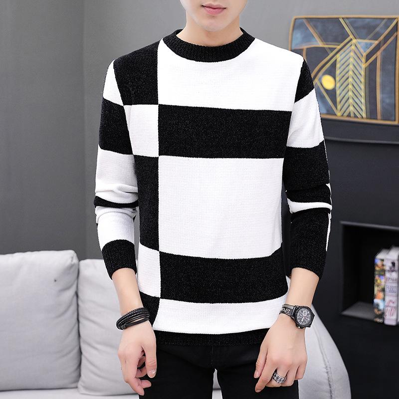 Men's Sweaters Autumn Winter Sweater Round Neck Korean Slim Fit Trend Warm Bottomed Coat, Black