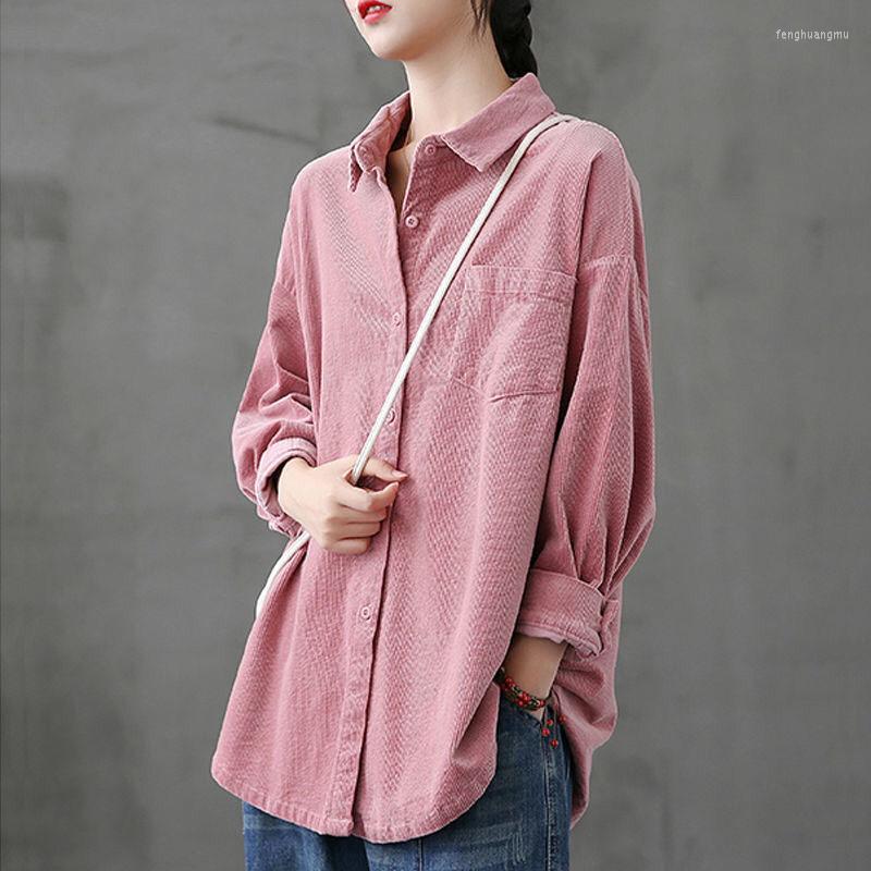 

Women's Blouses Pink Corduroy Shirt Coat Women Single-breasted Loose Casual Blusas Jacket Female Korean Turndown Collar Shirts Tops, Gray