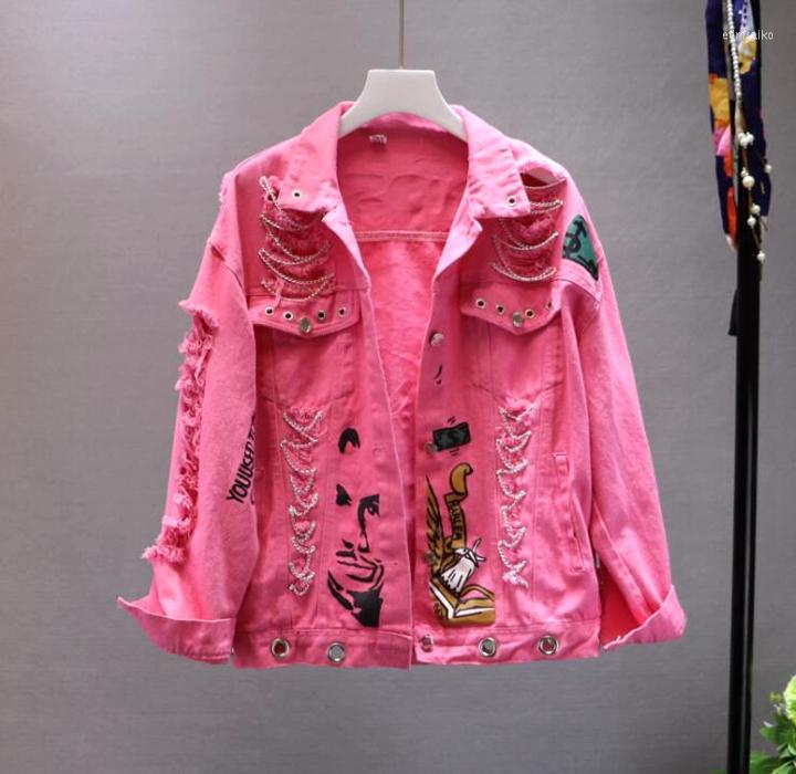 Women's Jackets 2023 Autumn Casual Punk Turn Down Collar Long Sleeve Ripped Holes Chain Patchwork Doodle Cartoon Print Denim Jeans Coat, Pink
Women's Jackets 2023 Autumn Casual Punk Turn Down Collar Long Sleeve Ripped Holes Chain Patchwork Doodle Cartoon Print Denim Jeans Coat, Pink