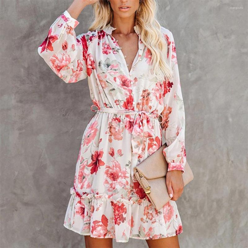 Casual Dresses Mini Dress Woman Long-sleeve Floral Print Autumn Spring Long Sleeve Ruffles Waist Tied, White
Casual Dresses Mini Dress Woman Long-sleeve Floral Print Autumn Spring Long Sleeve Ruffles Waist Tied, White