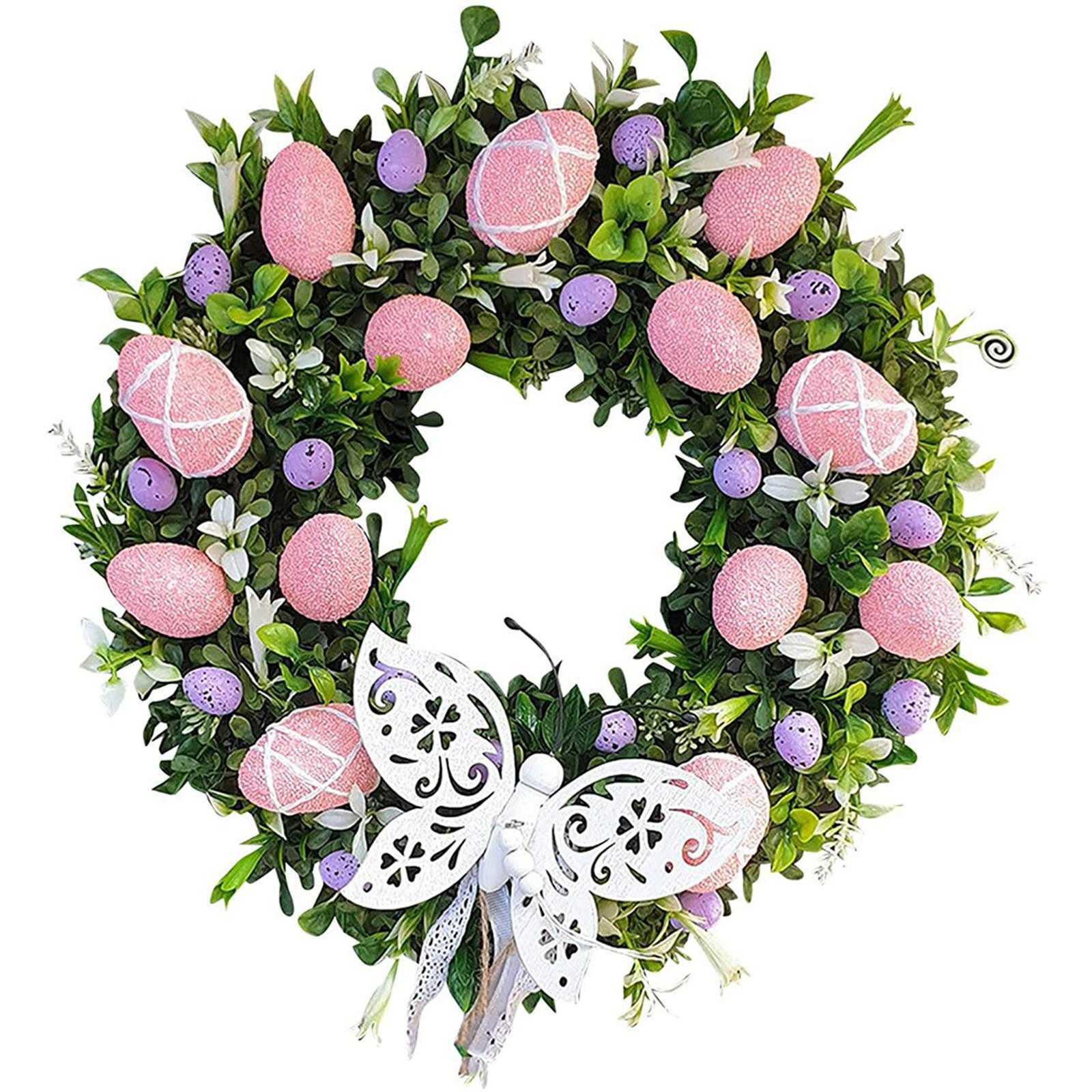 Decorative Flowers Wreaths 2023 Easter Bunny Flowers Wreath Front Door Oranments Happy Easter Rabbit Wall Hanging Wreath Home Party Garland Festival D