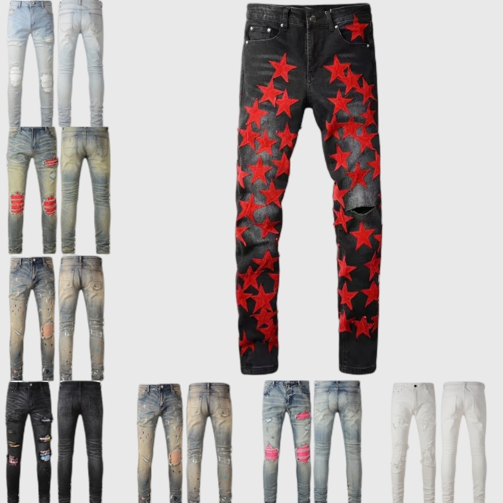 Men's Distressed Ripped Skinny Jeans Fashion Mens Motorcycle Moto Long Off Cotton Slim Feet High Street Denim Light Blue Paste Cloth Hole Size 40 Pants Hip Hop Men