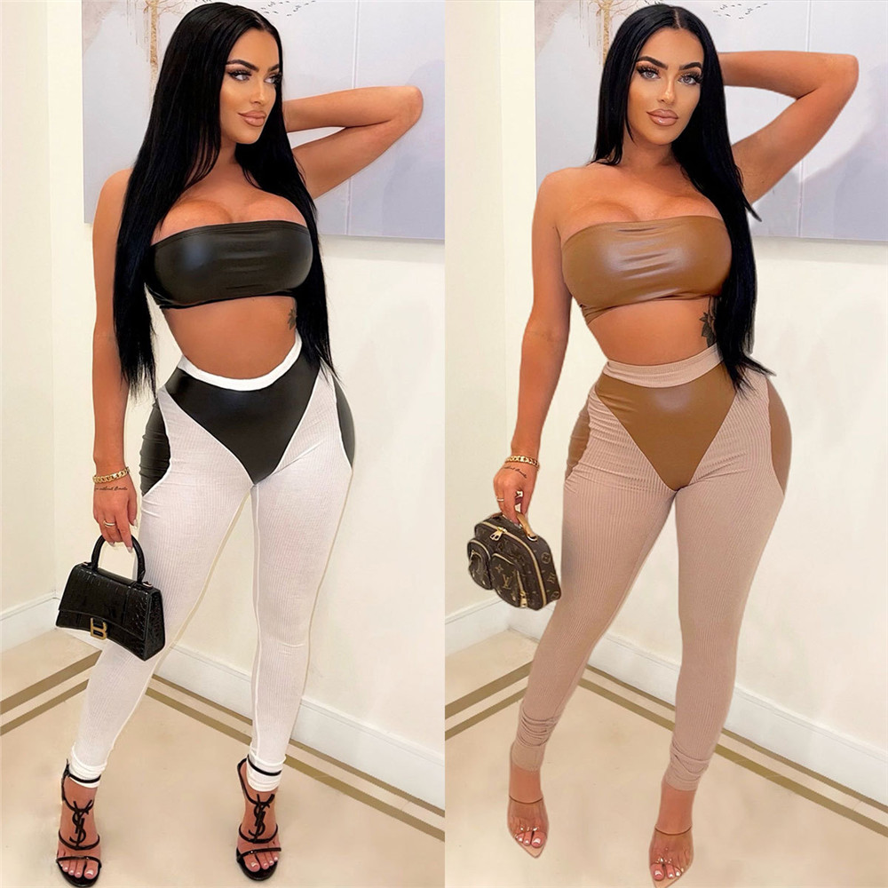 Designer Summer Leather Outfits Women Tracksuits Two Piece Sets Fashion PU Strapless Tank Top Pants Matching Sweatsuits Casual Sportswear Wholesale 92