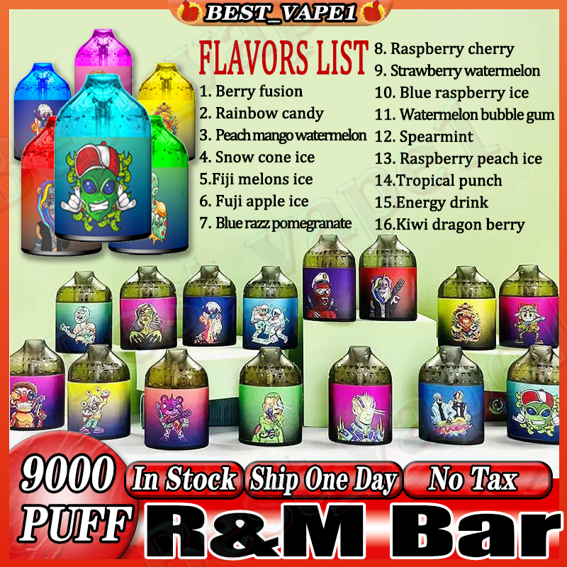 100% Original R&M Bar 9000 Puffs Cloud Beast Disposable E Cigarette Vape Pen With Mesh Coil 5% 15ML Cartridge Pod Device 650Mah Rechargeable Battey Airflow Control RM