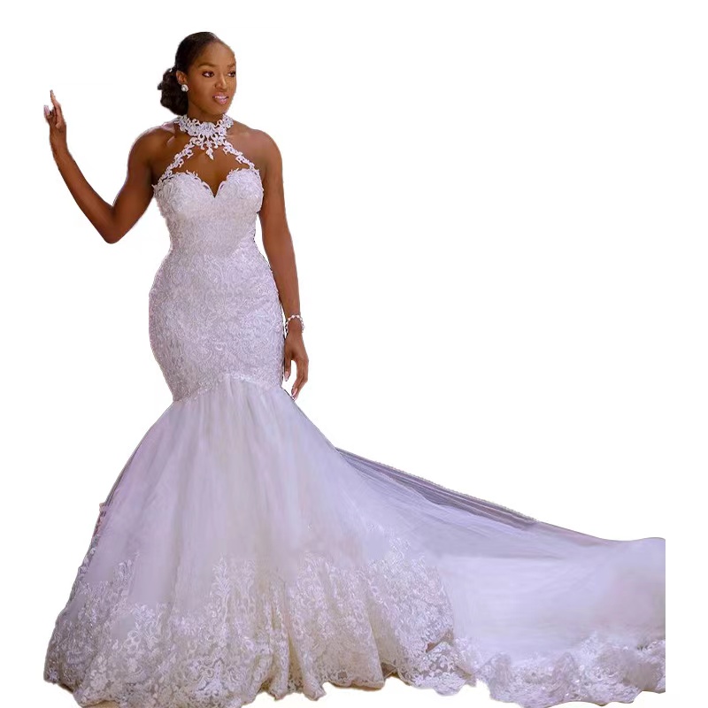 Crystal Mermaid Wedding Dress Illusion High Neck Long Sleeve Plus Size Bridal Gowns Lace Beads Bride Dresses Robes De Mariee 403