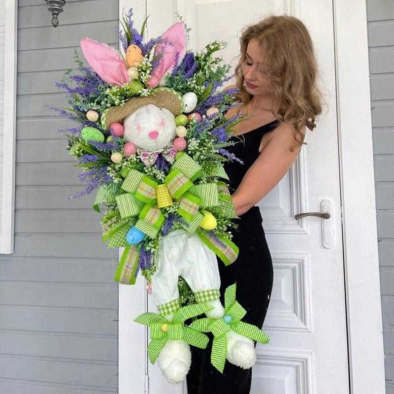 

Decorative Flowers Wreaths 2023 Easter Bunny Wreath Colorful Door Wall Oranments Happy Easter Rabbit Home Party Creative Garland Festival Decoration R230220, Green