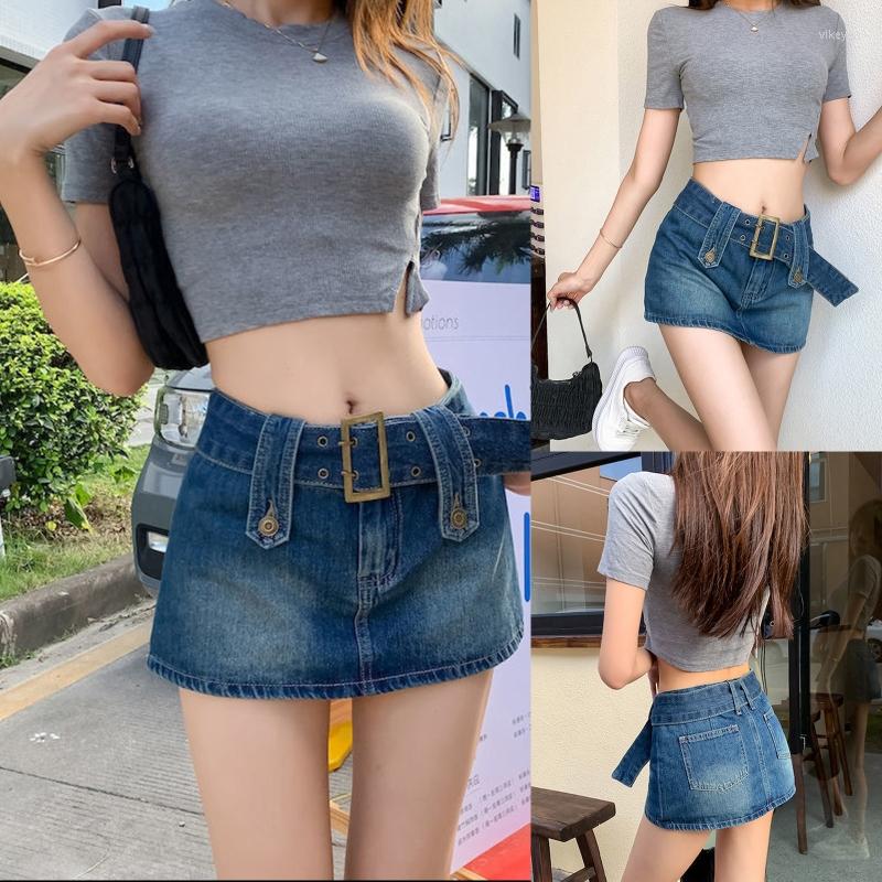

Skirts Women Summer Belted High Waist Denim Micro Mini Skirt A-Line Flare Hem Aesthetics Jeans Bottoms Streetwear With Pockets