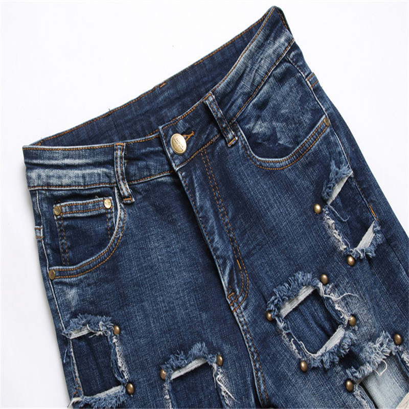 Foreign trade tides brand ripped stick cloth jeans men's Liuding slim small foot pants new Europe and the United States beggar pants