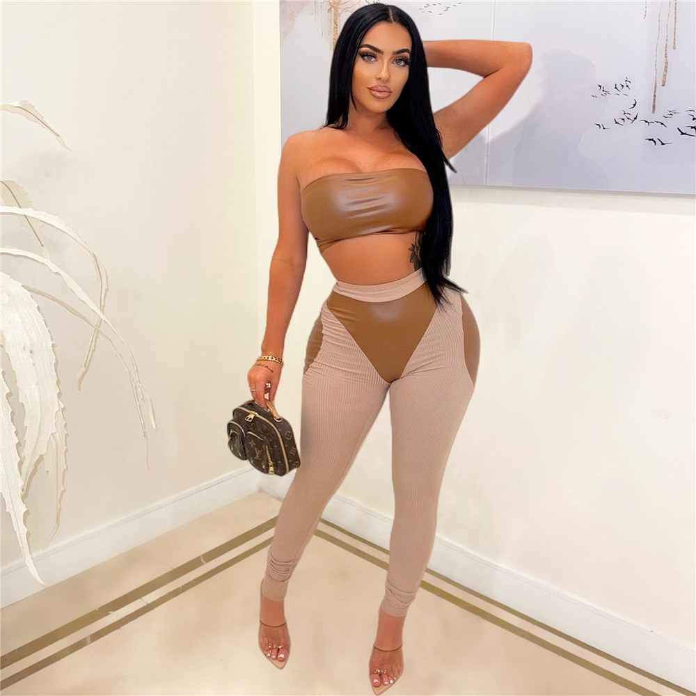 Designer Summer Leather Outfits Women Tracksuits Two Piece Sets Fashion PU Strapless Tank Top Pants Matching Sweatsuits Casual Sportswear Wholesale 92