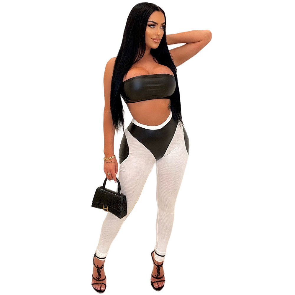 Designer Summer Leather Outfits Women Tracksuits Two Piece Sets Fashion PU Strapless Tank Top Pants Matching Sweatsuits Casual Sportswear Wholesale 92