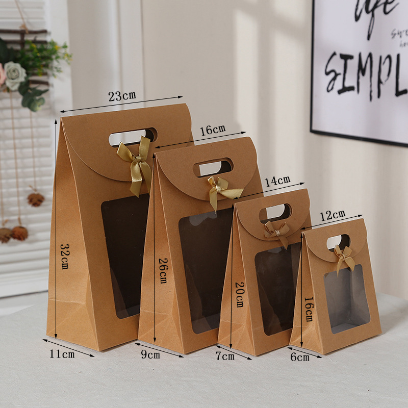 Kraft paper bag With window self-supporting solid color bow portable flip gift bags
