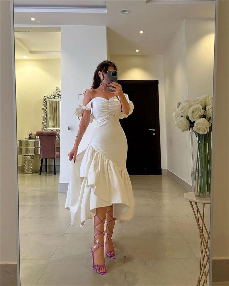 Ivory Matte Satin Evening Party Dresses Off the Shoulder Tiered Tea Length Saudi Arabic Women Formal Prom Gowns, Yellow
Ivory Matte Satin Evening Party Dresses Off the Shoulder Tiered Tea Length Saudi Arabic Women Formal Prom Gowns, Yellow