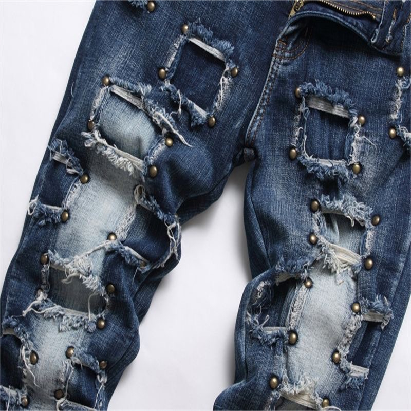 Foreign trade tides brand ripped stick cloth jeans men's Liuding slim small foot pants new Europe and the United States beggar pants