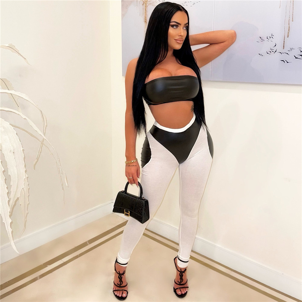Designer Summer Leather Outfits Women Tracksuits Two Piece Sets Fashion PU Strapless Tank Top Pants Matching Sweatsuits Casual Sportswear Wholesale 92