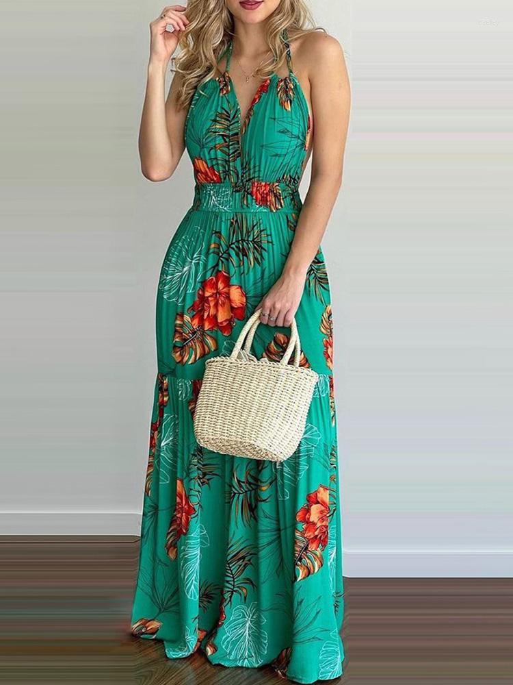 Casual Dresses Women Tropical Print Sexy Halter Backless Summer Maxi Dress, Blue
Casual Dresses Women Tropical Print Sexy Halter Backless Summer Maxi Dress, Blue