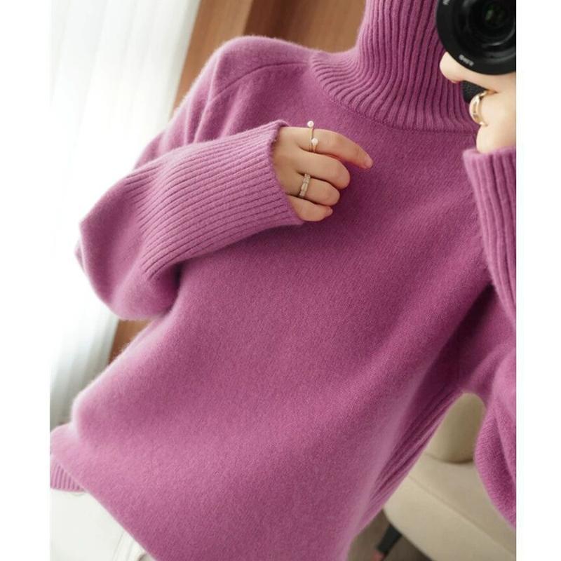 Womens Sweaters Solid Color Knitted Sweater Top Long Sleeve High Neck Retro Pullover SweaterWomens